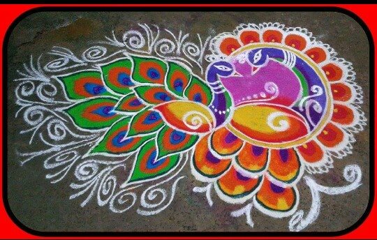Peacock Rangoli design by Madhana Rajaguru
