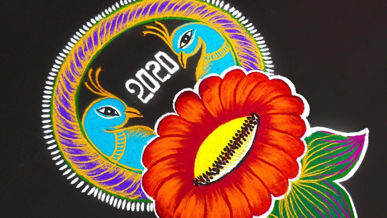 freehand rangoli design peacocks flower
