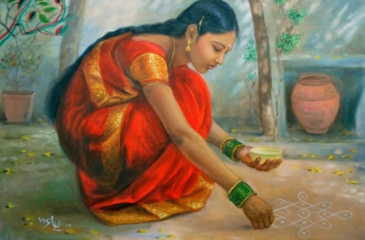 painting girl make rangoli art infront her home