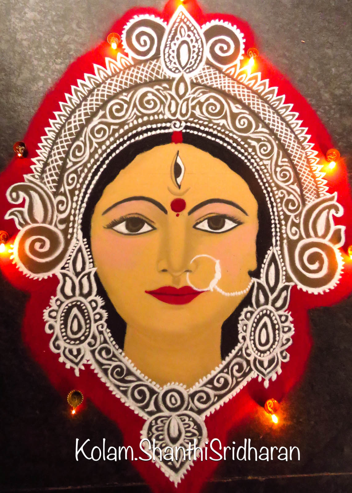 portrait rangoli design devi goddess by shanthi sridharan