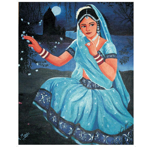 portrait rangoli design woman blue saree by manju