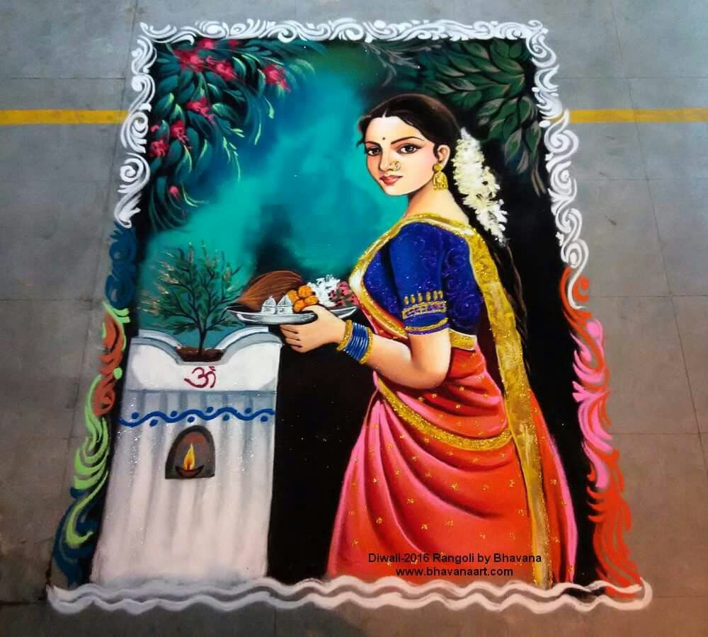 portrait rangoli design woman offering pooja by bhavana