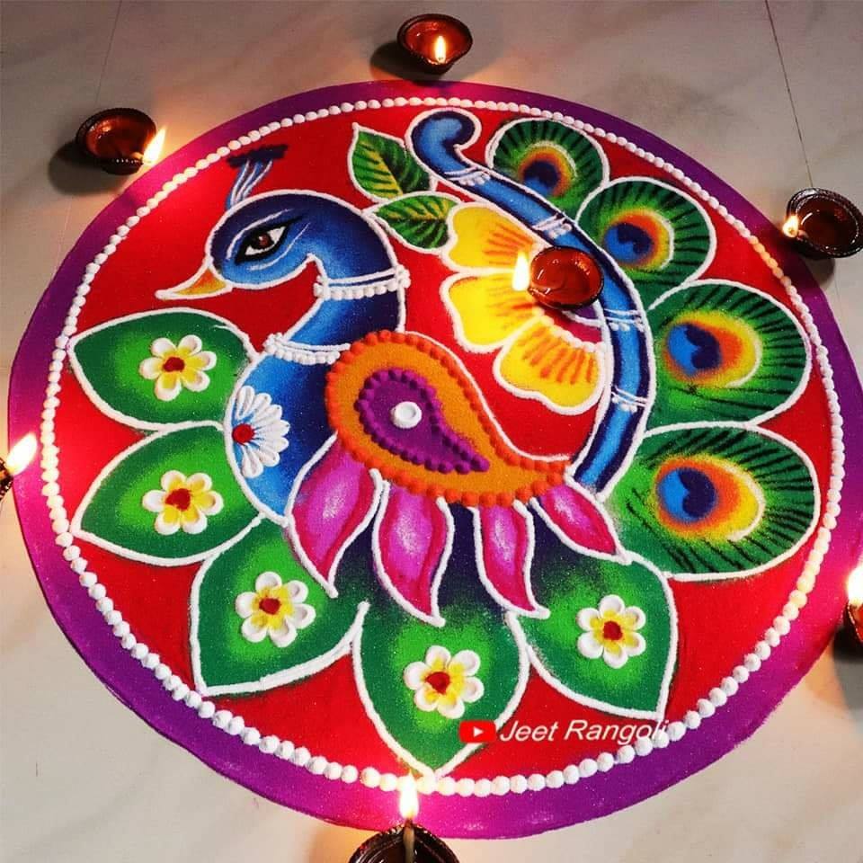 beautiful peacock rangoli design by jeet rangoli