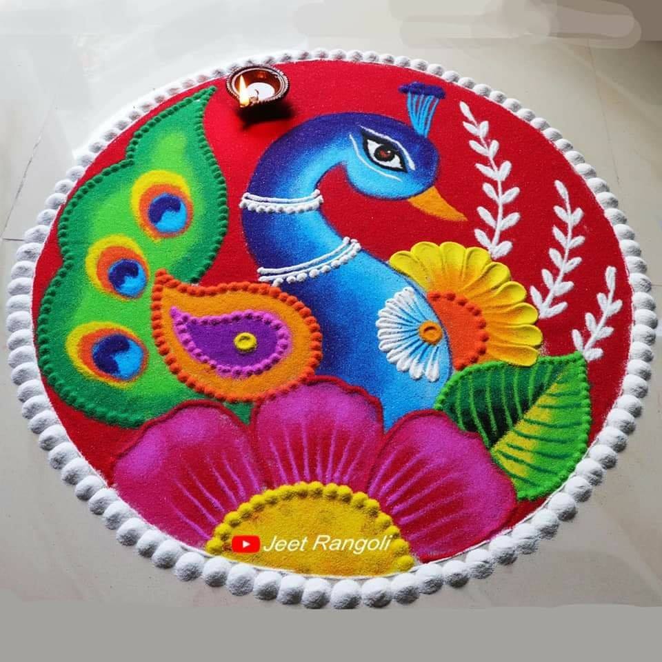 colorful peacock rangoli design by jeet rangoli