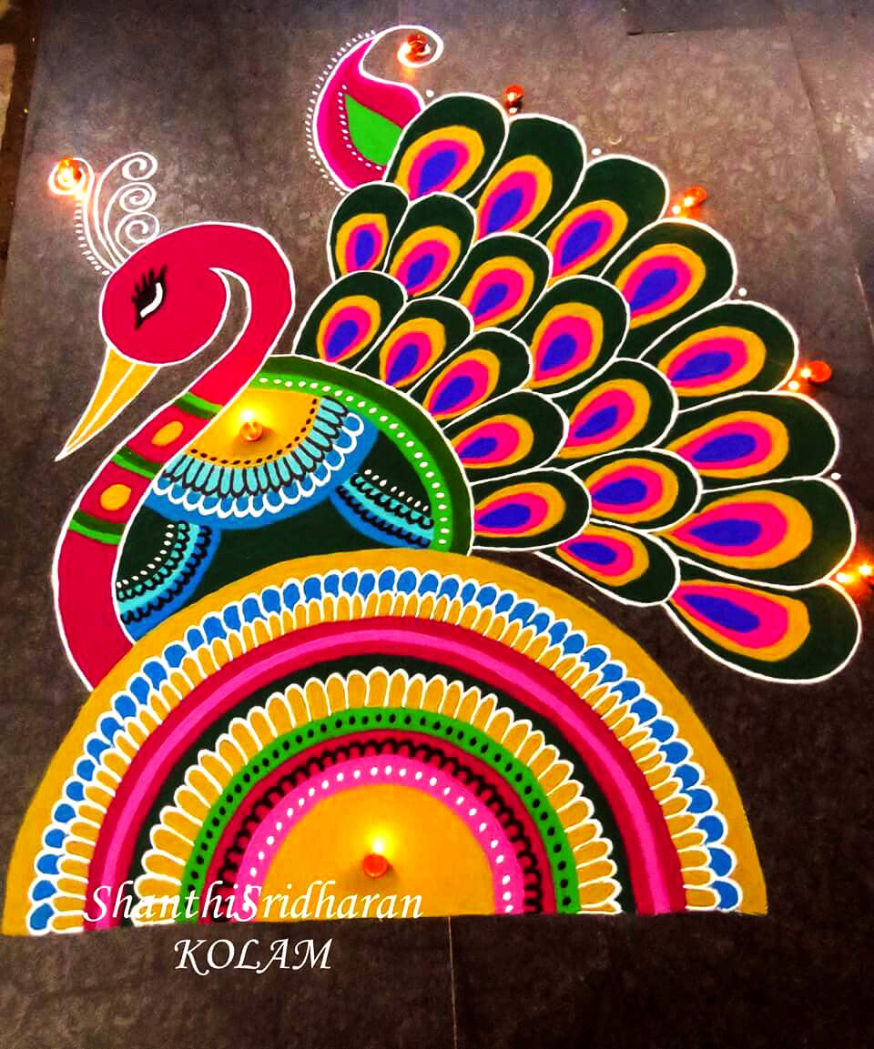 new year rangoli design peacock by shanthi sridharan