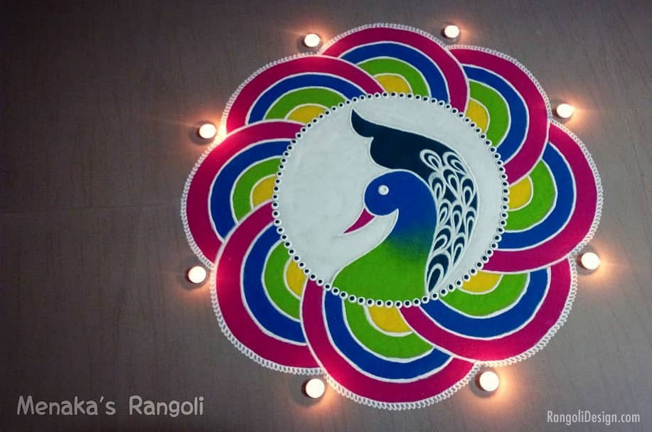 rangoli design peacock diwali menaka