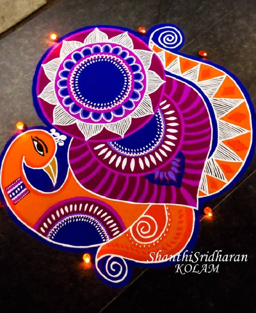 peacock rangoli design for diwali by shanthi sridharan