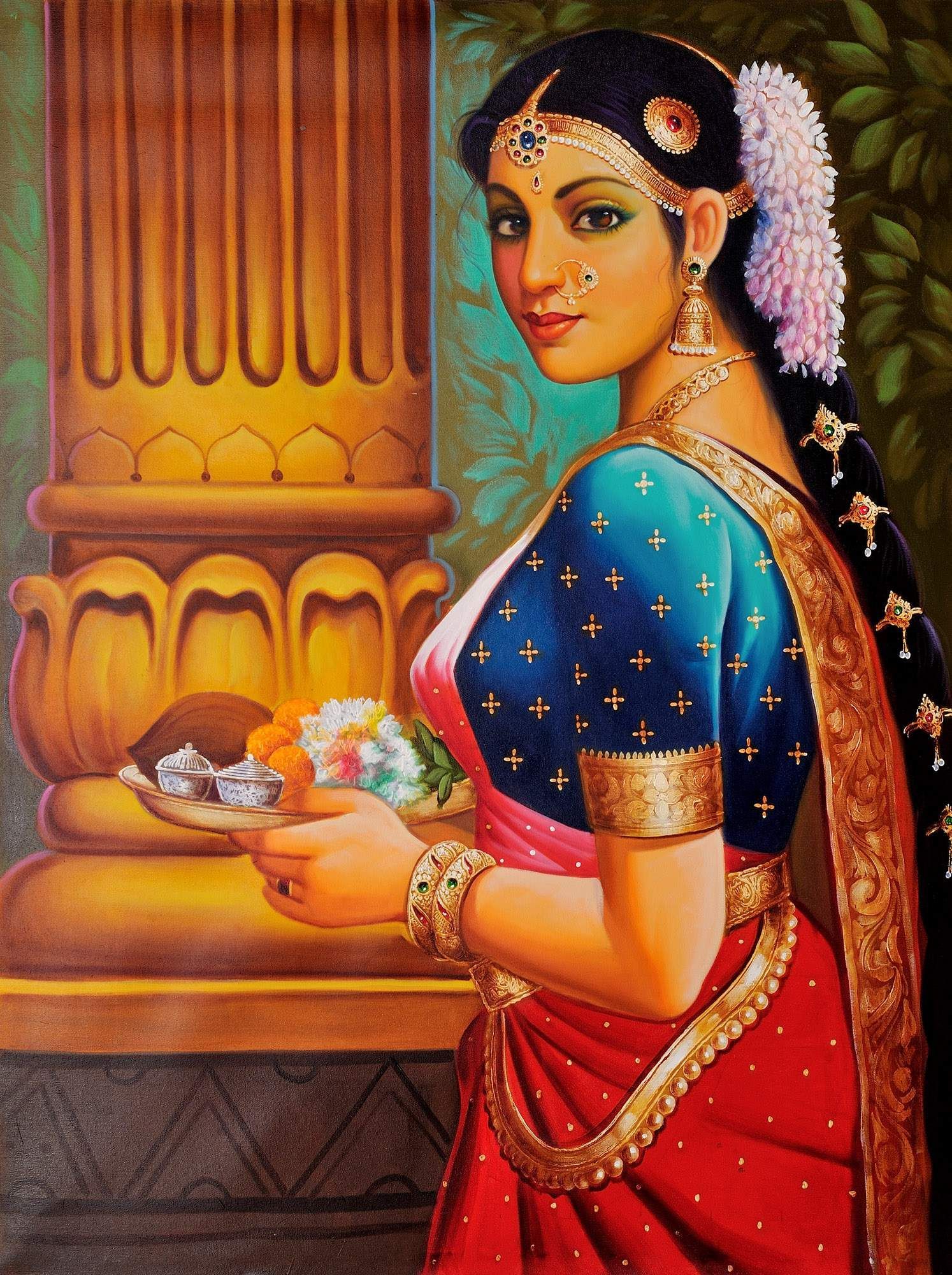 portrait rangoli art woman offering pooja by bhavana