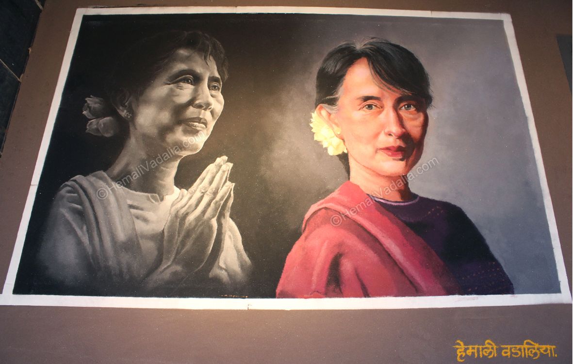 portrait rangoli design aung san suu kyi by hemali vadaliya