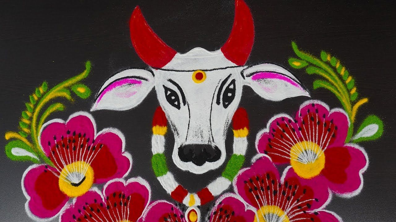 rangoli design maatu pongal flowers cow