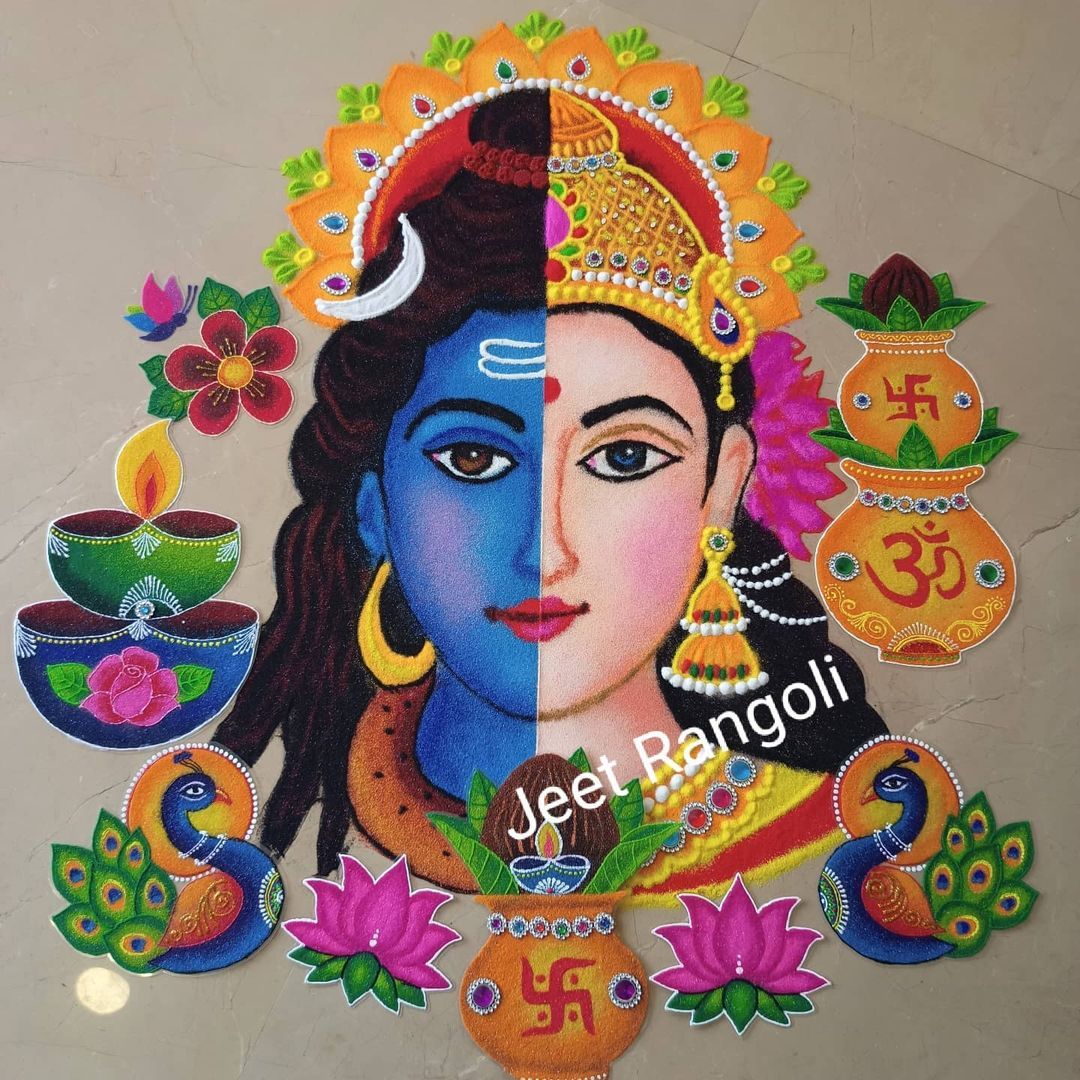 portrait rangoli art lord shiva and parvati by jeet rangoli