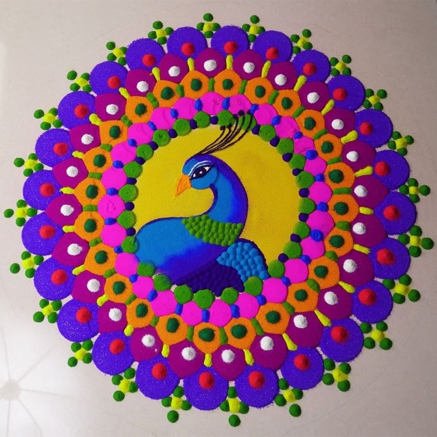 beautiful peacock rangoli design by simple rangoli