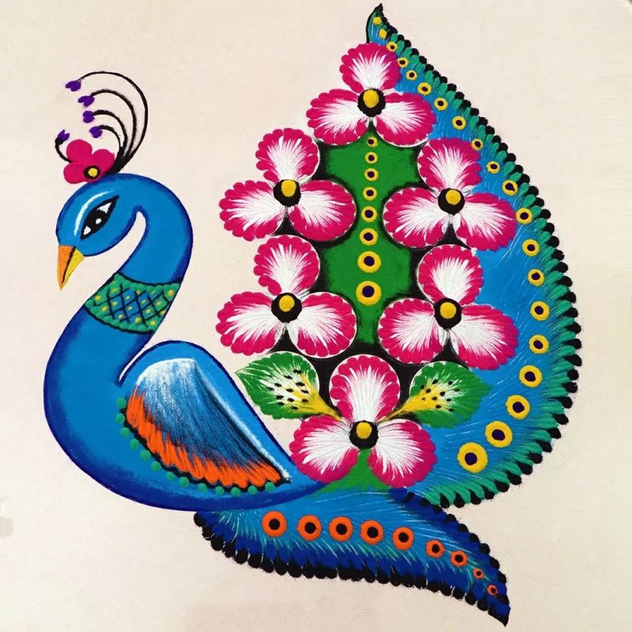 simple peacock rangoli design by jayanthi