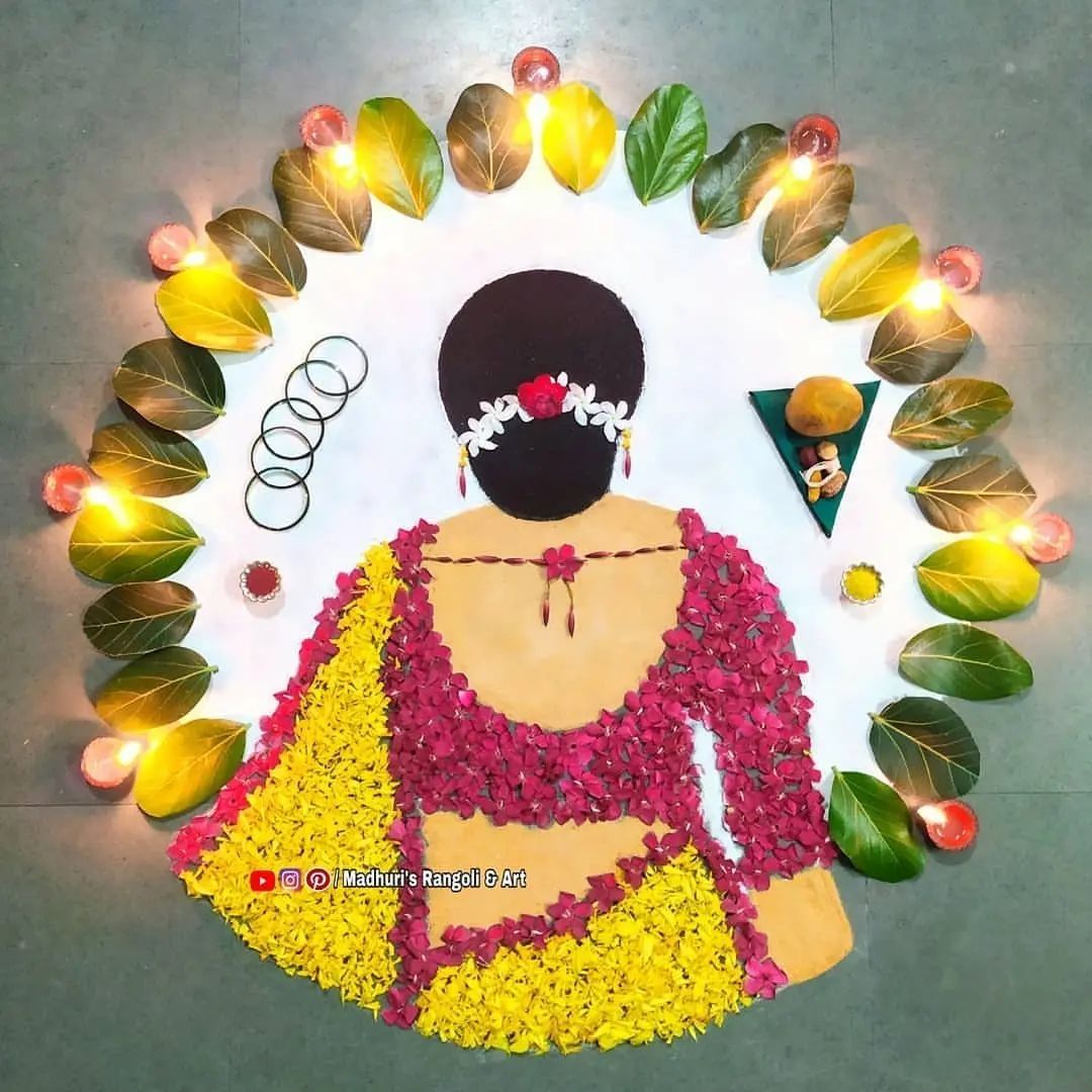 beautiful rangoli art decorated with flowers woman by madhurani arts