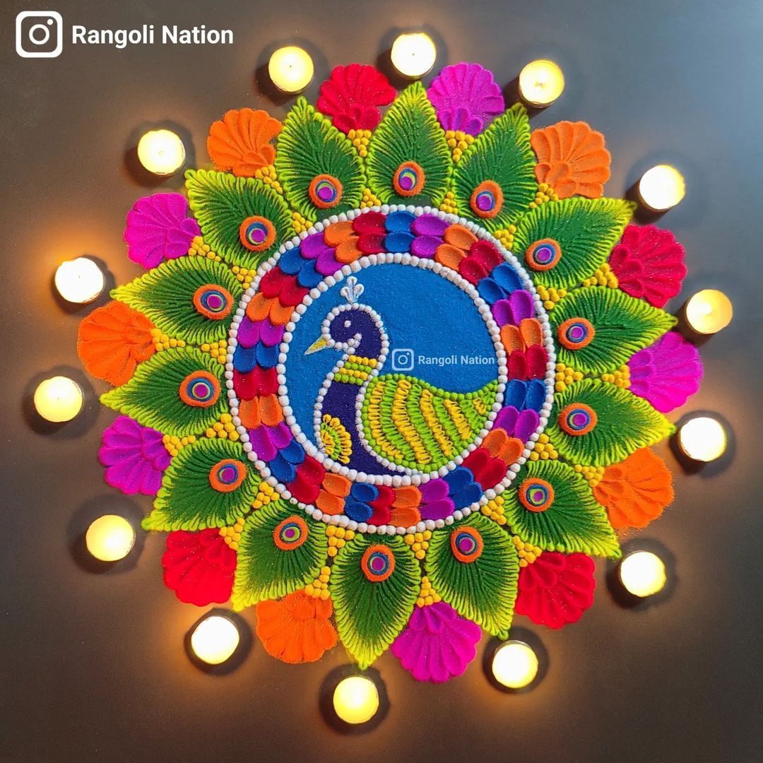 peacock rangoli design for festival by rangoli nation